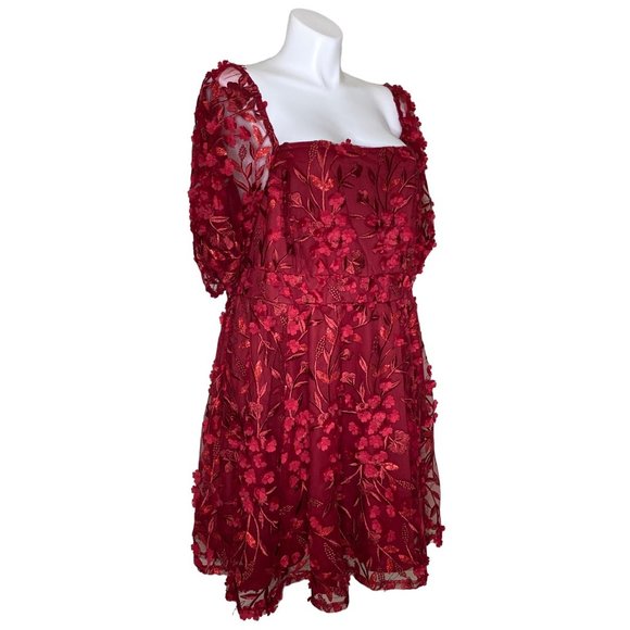 Torrid Size 20 Red Textured Mesh Floral Embroidery Lace Puff Sleeve Skater Dress - Picture 4 of 12